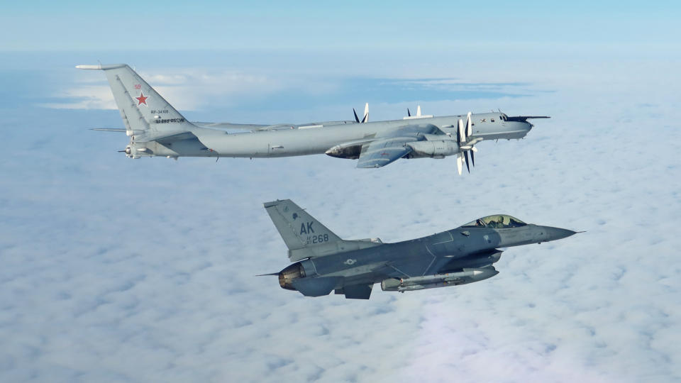 A NORAD F-16 Fighting Falcons intercepts a Russian TU-142 Bear F/J in the Alaska Air Defense Identification Zone under Operation Noble Eagle in September 2024. NORAD uses a layered defense network of satellites, ground and airborne radars and fighter aircraft in seamless interoperability to detect and track aircraft and take appropriate actions. NORAD remains prepared to deploy a number of response capabilities in defense of North America.