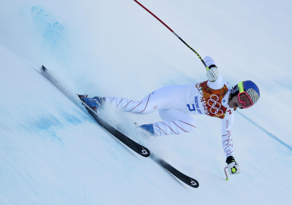 United States' Laurenne Ross makes a turn during a women's downhill training run for the Sochi 2014 Winter Olympics, Saturday, Feb. 8, 2014, in Krasnaya Polyana, Russia. (AP Photo/Charles Krupa)