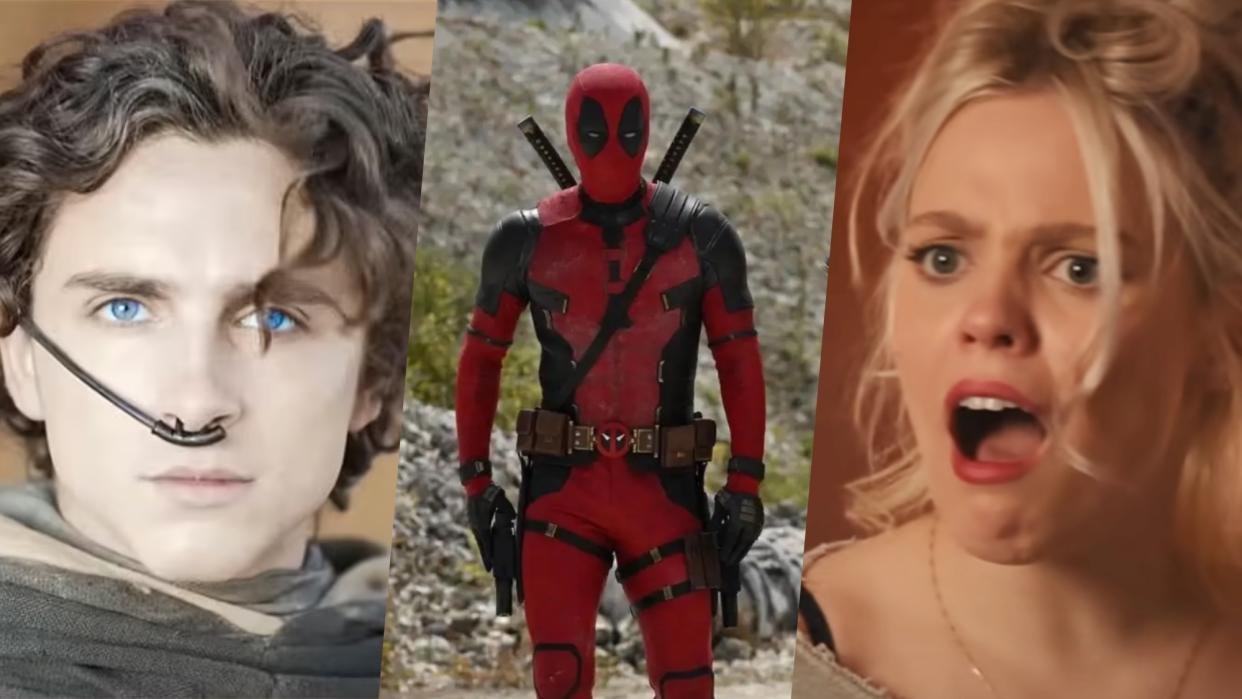  Graphic indicating the new movies we can't wait to watch in 2024, including Dune: Part Two, Deadpool 3 and Mean Girls. 