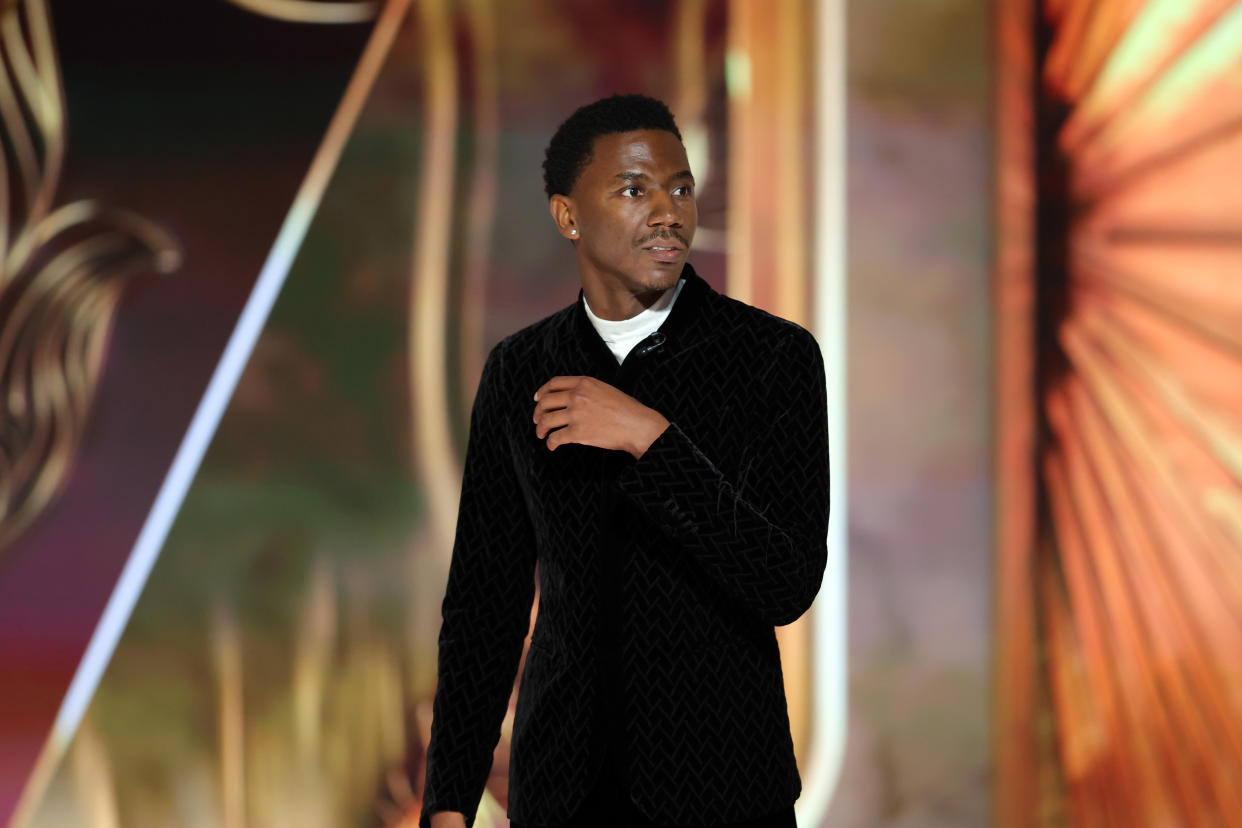 BEVERLY HILLS, CALIFORNIA - JANUARY 10: 80th Annual GOLDEN GLOBE AWARDS -- Pictured: Host Jerrod Carmichael speaks onstage at the 80th Annual Golden Globe Awards held at the Beverly Hilton Hotel on January 10, 2023 in Beverly Hills, California. -- (Photo by Rich Polk/NBC via Getty Images)