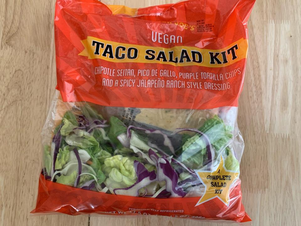 orange and clear bag of trader joe's taco salad