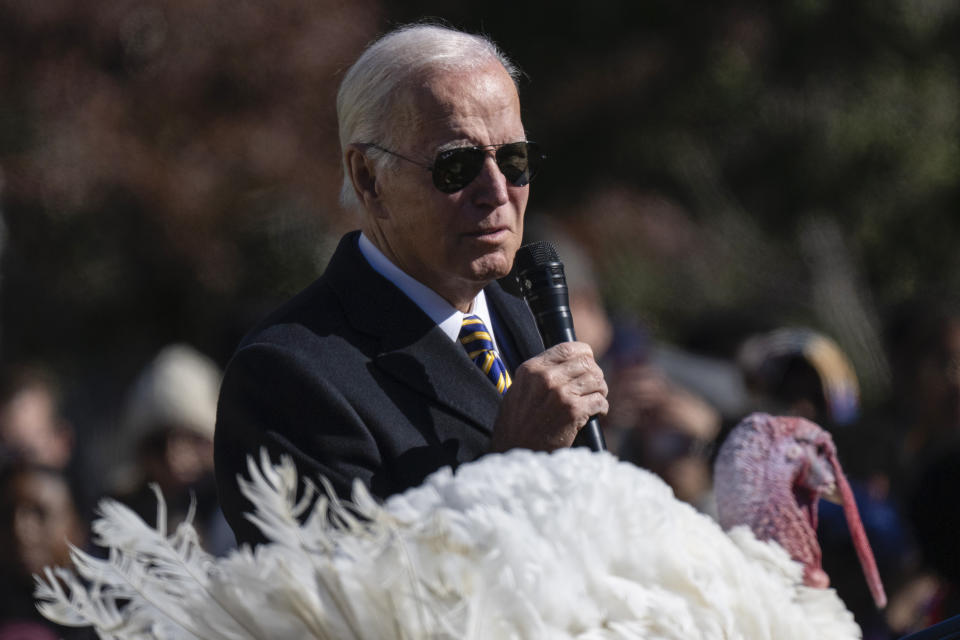 President Joe Biden pardons Chocolate, the national Thanksgiving turkey, at the White House in Washington, Monday, Nov. 21, 2022. (AP Photo/Carolyn Kaster)