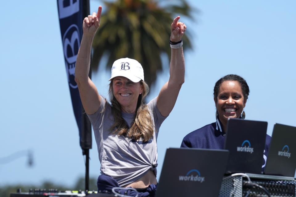 Jun 3, 2023; San Francisco, California, USA; Bay FC co-founder Brandi Chastain (left) gestures while standing on the stage with co-founder Danielle Slaton (right) during the Bay FC Day for the Bay event at Presidio Main Post Lawn. Mandatory Credit: Darren Yamashita-USA TODAY Sports