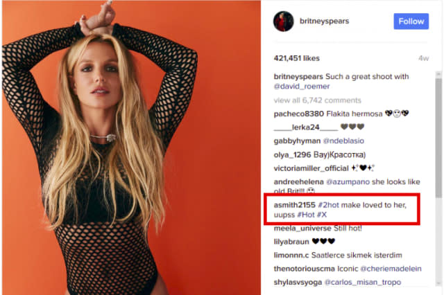 Britney Spears' Instagram page, with the hackers' comment.