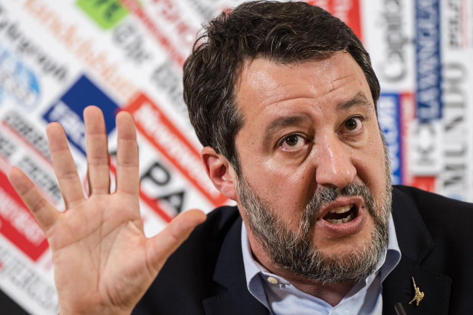 Italian Infrastructures Minister Matteo Salvini speaks during a press conference at the Foreign Press Club in Rome, Tuesday, April 4, 2023. Salvini addressed questions, among others, about the role of Italy in the migration crisis in the Mediterranean Sea, and about the multi-billion euros project to build a bridge over the Messina strait between Sicily and Calabria in southern Italy. (AP Photo/Domenico Stinellis)