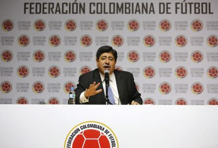 Colombian soccer federation president Luis Bedoya speaks during a news conference in Bogota June 1, 2015. REUTERS/John Vizcaino