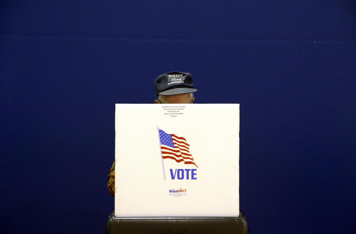 A voter fills out a ballot at a polling place at Lake Shore Elementary School, Tuesday, Nov. 6, 2018, in Pasadena, Maryland.&nbsp; (Photo: ASSOCIATED PRESS)