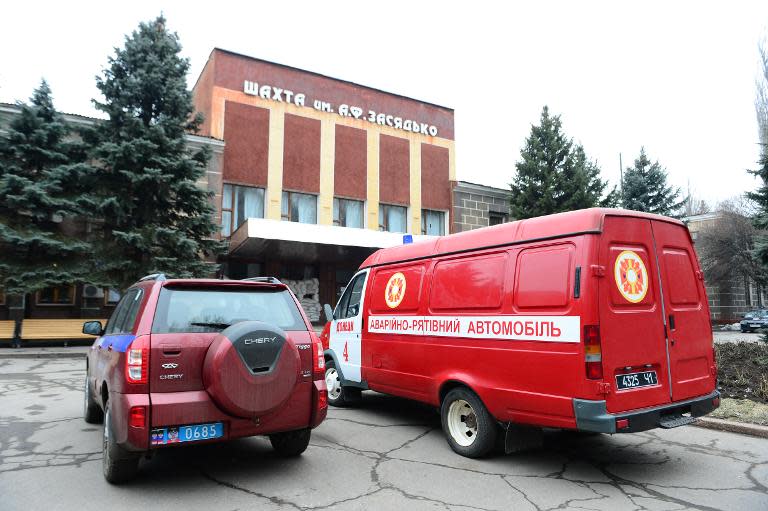 An ambulance is parked in front of the Zasyadko mine in Donetsk after a blast on March 4, 2015