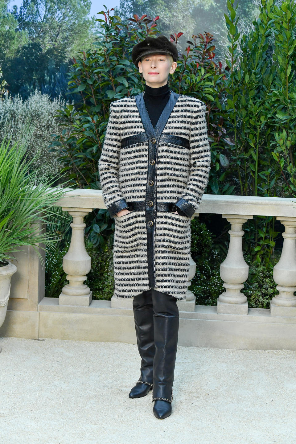 <p>Actress Tilda Swinton donned Parisian stripes at the Chanel haute couture show – the definition of chic. <em>[Photo: Getty]</em> </p>