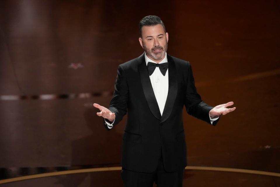 Jimmy Kimmel onstage hosting the 2024 Oscars. Chris Pizzello/Invision/AP