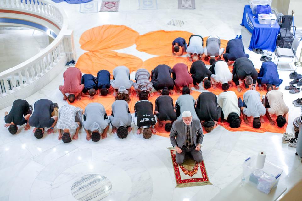 Imam Imad Enchassi leads a prayer on May 13 during Muslim Day at the Oklahoma Capitol in Oklahoma City.