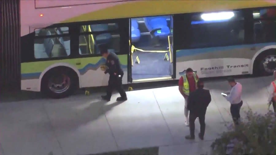 Officers investigate a shooting that took place during an argument aboard a Foothill Transit bus in Baldwin Park on June 17, 2024. (KTLA)