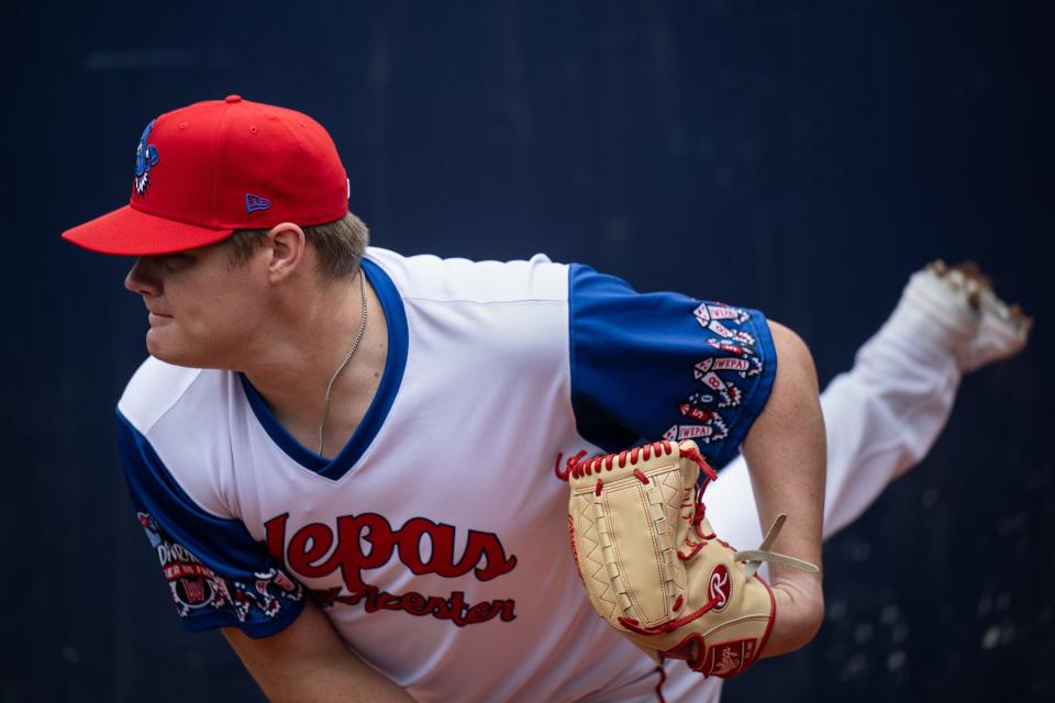 WooSox pitcher Richard Fitts warms up to face the Lehigh Valley IronPigs.