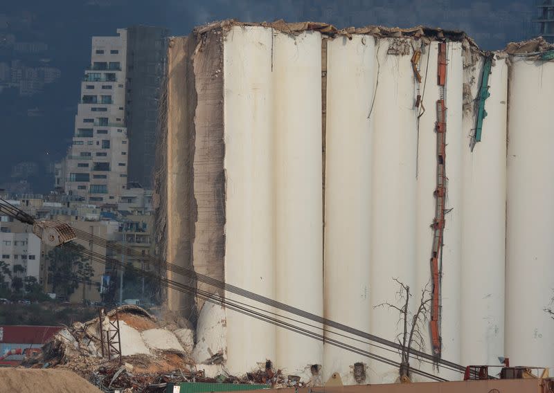 A view shows the partially-collapsed Beirut grain silos, damaged in the August 2020 port blast, in Beirut