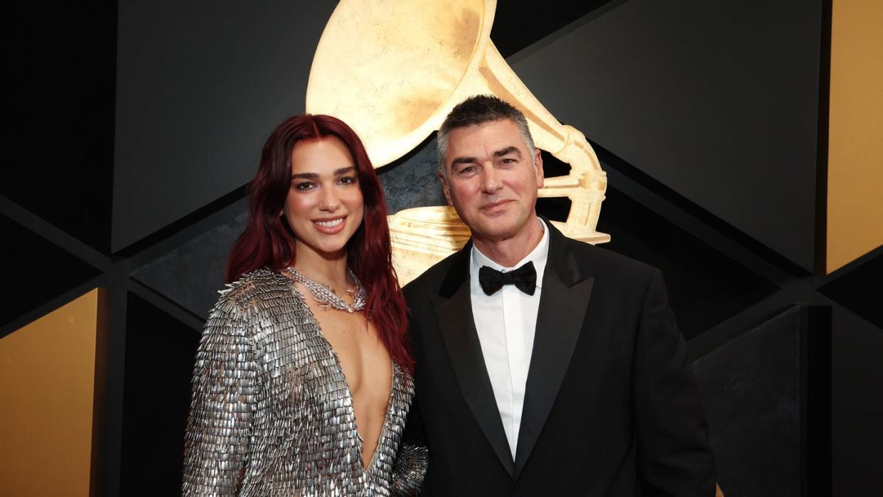 66th grammy awards red carpet dua lipa and her dad at the grammys