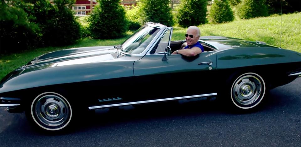 A screen capture from a Joe Biden video campaign ad on YouTube titled 'Joe Biden Gets Vetted,' spills the beans on a future electric Corvette model.