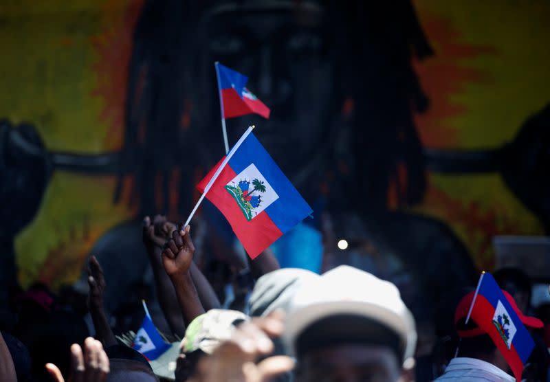 Demonstrators hold Haiti's national flags during a protest against the government of President Jovenel Moise, in Port-au-Prince