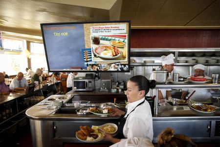 A waitress carries food as customers dine at Norms Diner on La Cienega Boulevard in Los Angeles, California May 20, 2015. REUTERS/Patrick T. Fallon