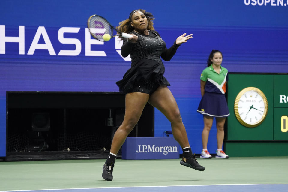 Serena Williams, of the United States, returns a shot to Anett Kontaveit, of Estonia, during the second round of the U.S. Open tennis championships, Wednesday, Aug. 31, 2022, in New York. (AP Photo/John Minchillo)