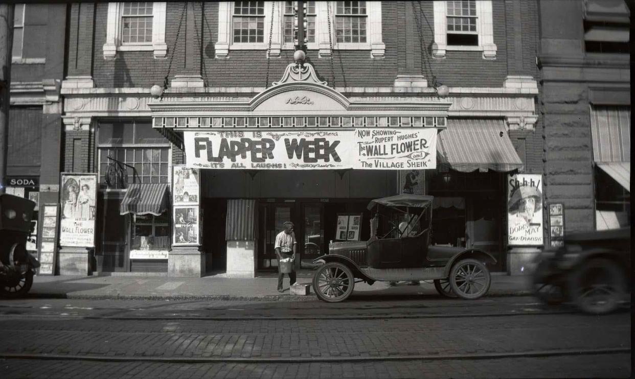 Cars on the streets of downtown Wilmington in front of the old Royal Theatre, 143 N. Front St., circa 1922.