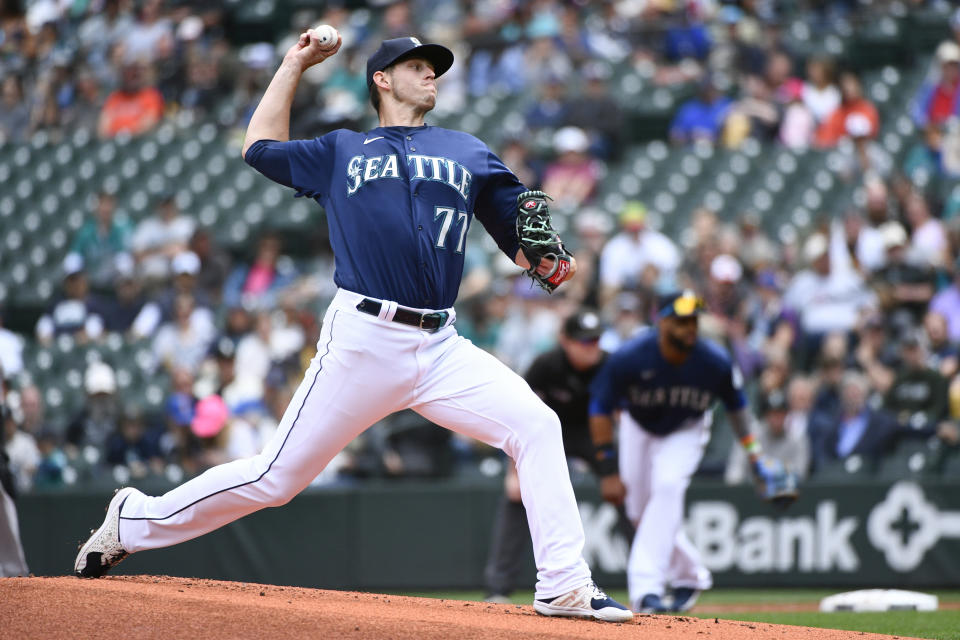 Seattle Mariners' Chris Flexen throws during a baseball game against the Baltimore Orioles, Wednesday, June 29, 2022, in Seattle. (AP Photo/Caean Couto)