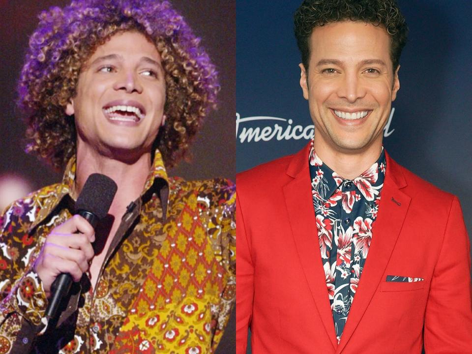 justin guarini competing on American Idol in 2002 and Justin Guarini on the idol red carpet in 2022