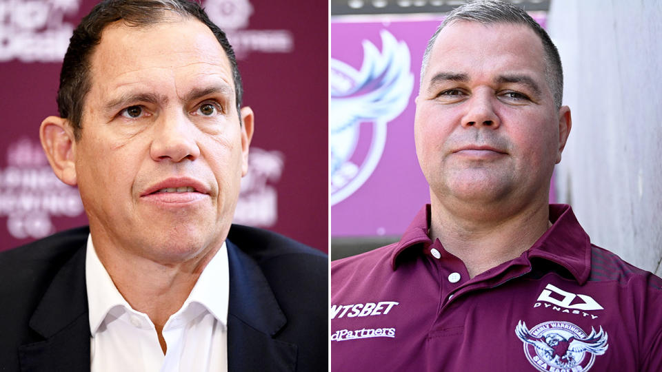 Manly CEO Tony Mestrov (L) has defended a media release put out by the club in response to concerns over a player agent's influence on coach Anthony Seibold's team. Pic: AAP