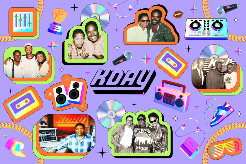 Photocollage with the words "When L.A. invented rap radio: The rise of KDAY"