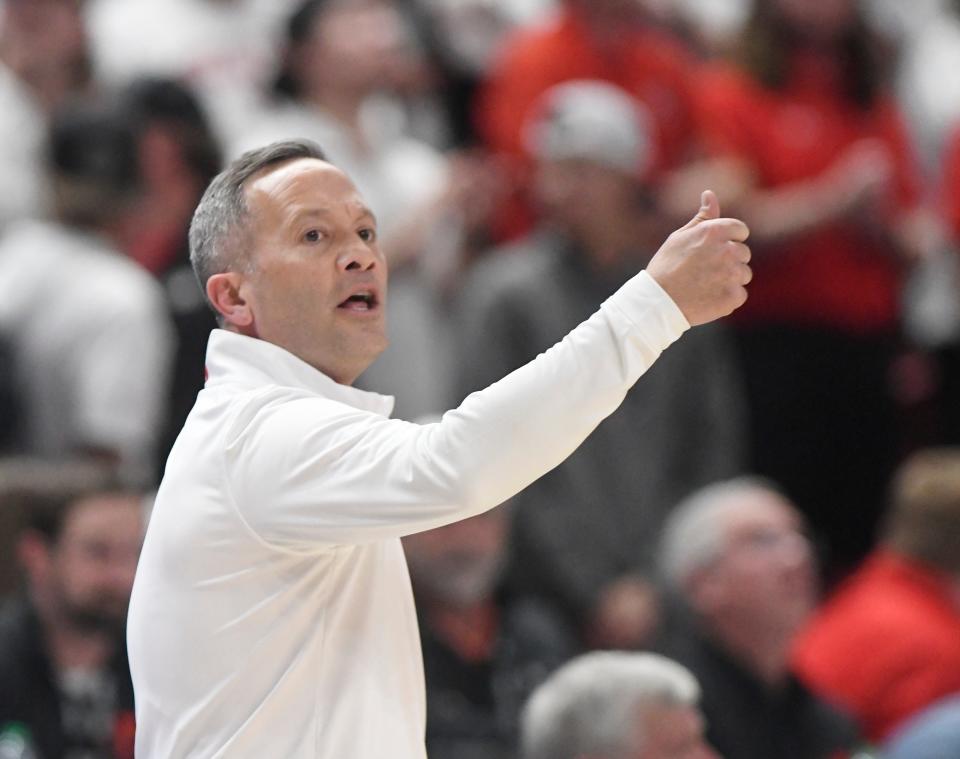 Texas Tech's head coach Grant McCasland gestures to his team during the Big 12 basketball game against Kansas, Monday, Feb. 12, 2024, at United Supermarkets Arena.