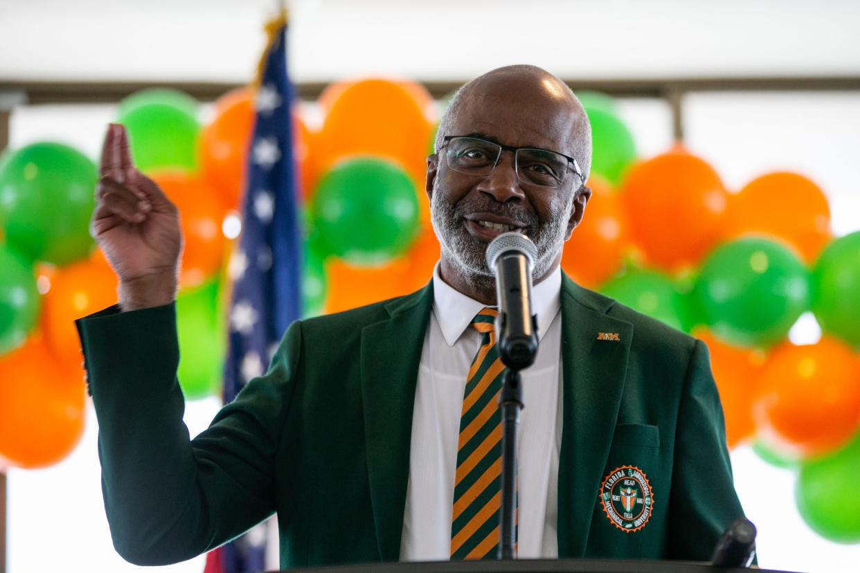 Florida A&M University President Larry Robinson speaks on the 22nd floor of the Capitol during FAMU Day on Thursday, April 13, 2023. 
