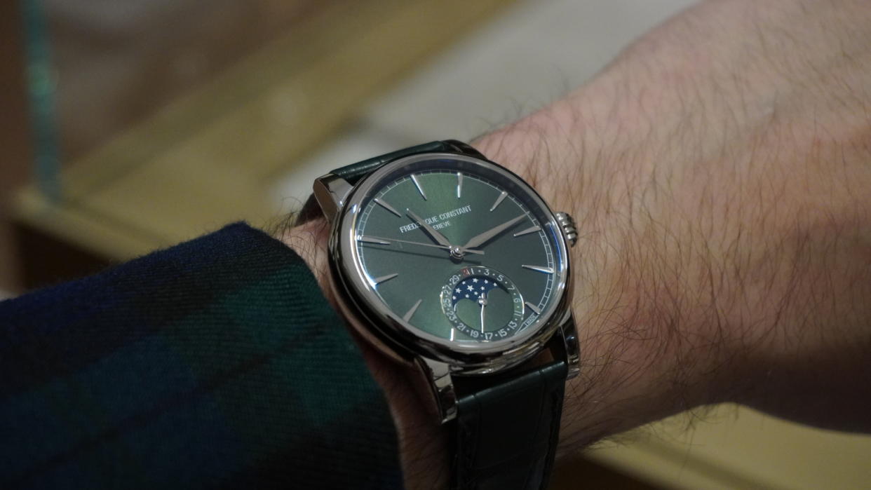  The Frederique Constant Classic Moonphase Date Manufacture in green, worn by T3's Sam Cross at Watches and Wonders 2024. 