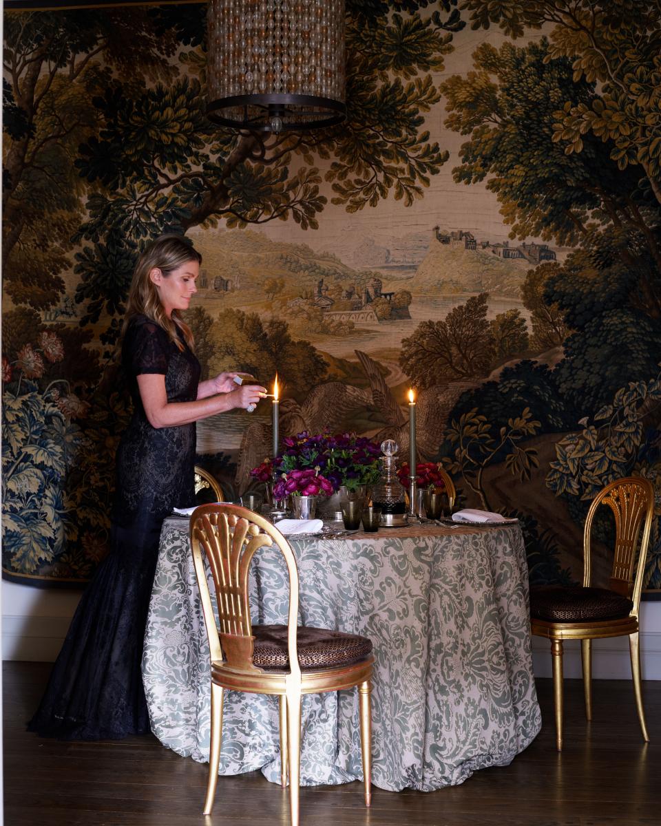 Lauder suggests shifting meals from dining rooms to an unexpected space in your house. Here, she hosts a dinner for four in her foyer.