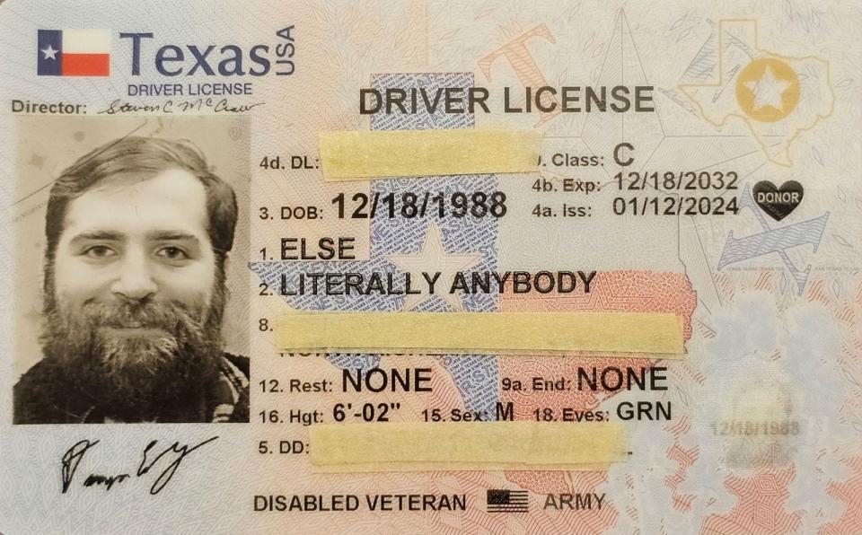 His driver's license shows the legal name of Literally Anybody Else, a 35-year-old North Texas man who changed his name to protest the prospect of a rematch of the Biden-Trump presidential election.