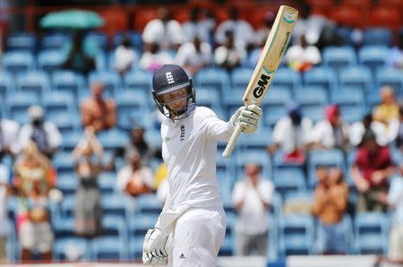 Cricket - West Indies v England - Second Test - National Cricket Ground, Grenada - 24/4/15 England's Joe Root celebrates scoring 150 runs Action Images via Reuters / Jason O'Brien