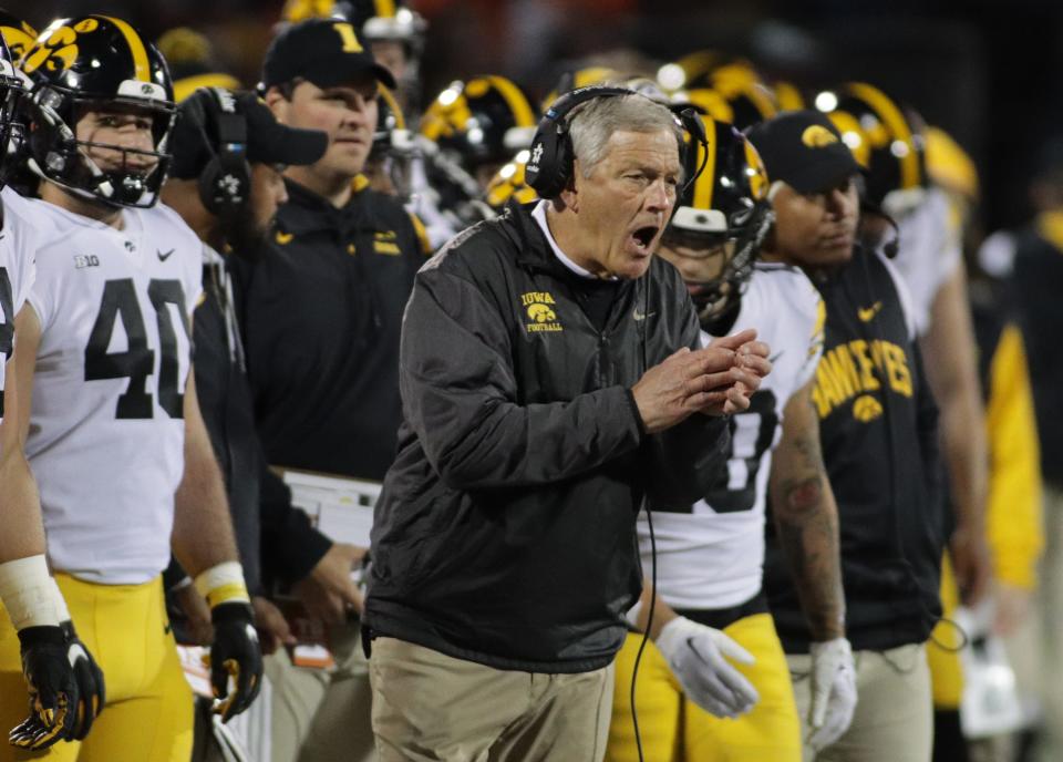 Oct 8, 2022; Champaign, Illinois, USA;  Iowa Hawkeyes head coach Kirk Ferentz during the first half against the Illinois Fighting Illini at Memorial Stadium. Mandatory Credit: Ron Johnson-USA TODAY Sports