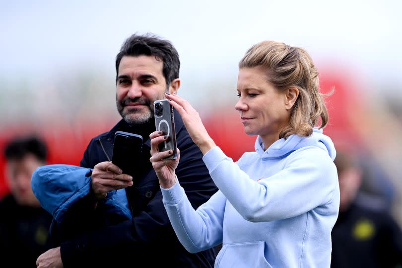 Mehrdad Ghodoussi and Amanda Staveley, Co-Owners of Newcastle United, show their support prior to The FA Women's National League Northern Premier Division match between Newcastle United and Huddersfield Town at Kingston Park on April 14, 2024 in Newcastle upon Tyne, England.