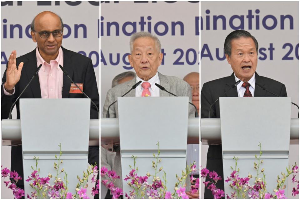 Tharman Shanmugaratnam, Ng Kok Song and Tan Kin Lian at the Nomination Centre in Singapore on 22 August 2023