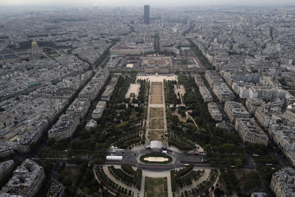 View from the third level and top of the Eiffel Tower of the Champ de Mars and Montparnasse Tower in the background, during the opening up of the top floor of the Eiffel Tower, Wednesday, July 15, 2020 in Paris. The top floor of Paris' Eiffel Tower reopened today as the 19th century iron monument re-opened its first two floors on June 26 following its longest closure since World War II. (AP Photo/Francois Mori)