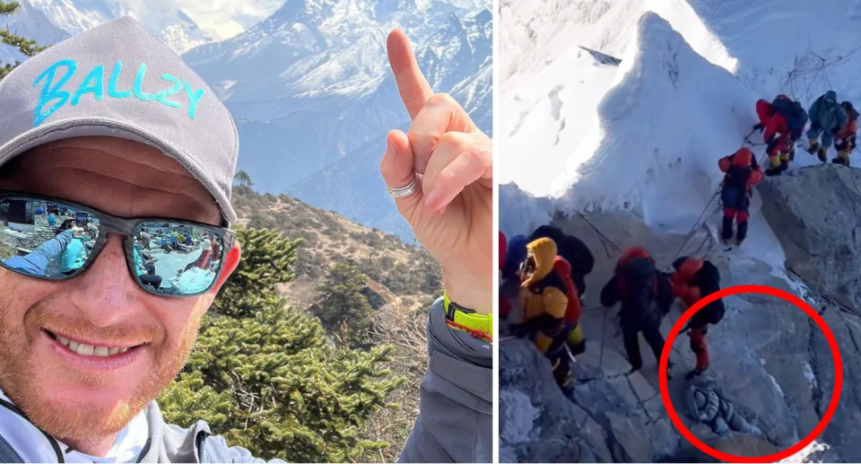 Aussie mountaineer Luke Rollnik points to Mount Everest peak (left) and a queue of climbers pass a frozen dead body on the side of the mountain (right). 