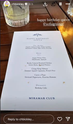 <p>Sofia Richie Grainge/Instagram</p> The menu for Sofia Richie Grainge's birthday celebrations.