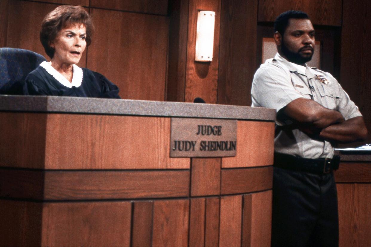 Judge Judy, Judith Sheindlin and bailiff Petri Hawkins-Byrd on Set on February 14, 1997 in Los Angeles, California.