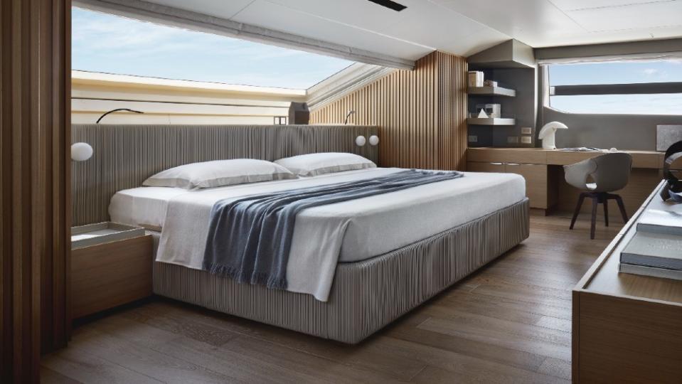 The forward main suite offers views over the foredeck, and a side door leads to a bow enclave where owners can enjoy the private space. - Credit: Courtesy Sanlorenzo/Thomas Pagani