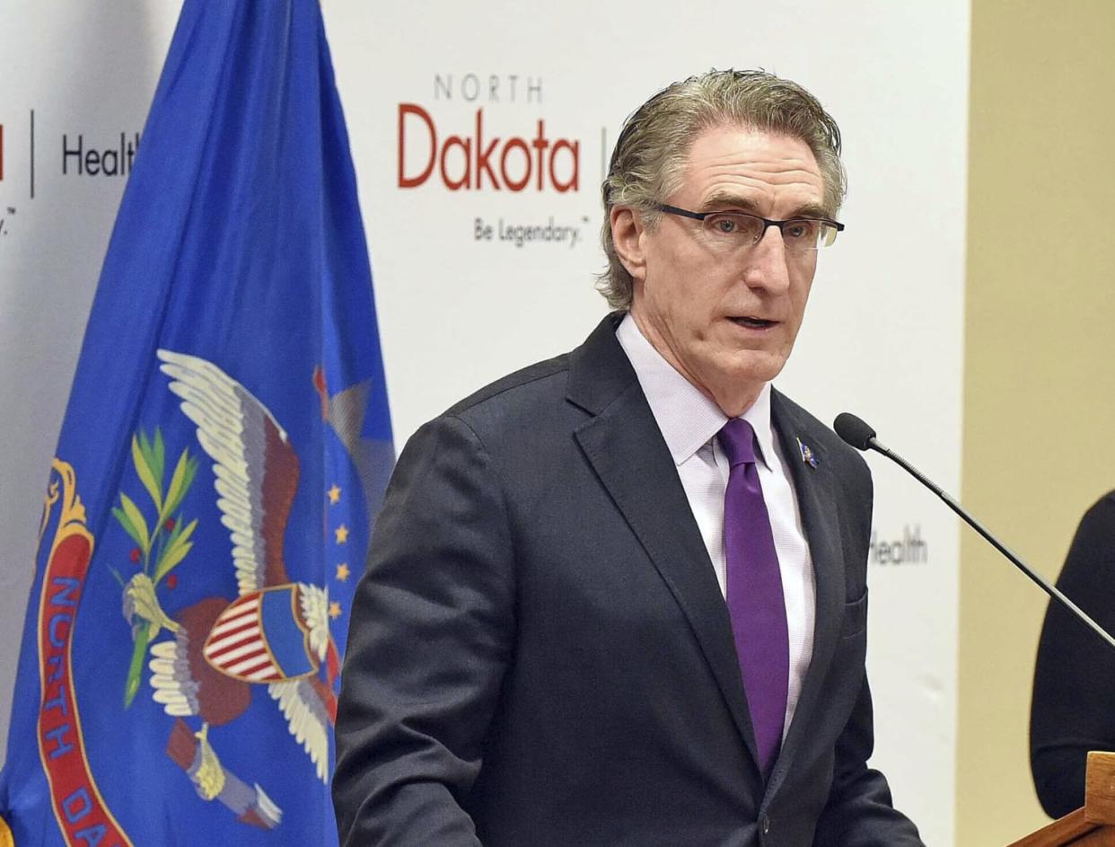 North Dakota Gov. Doug Burgum speaks in Bismarck on March 20, 2020. (Tom Stromme / The Bismarck Tribune via AP file)