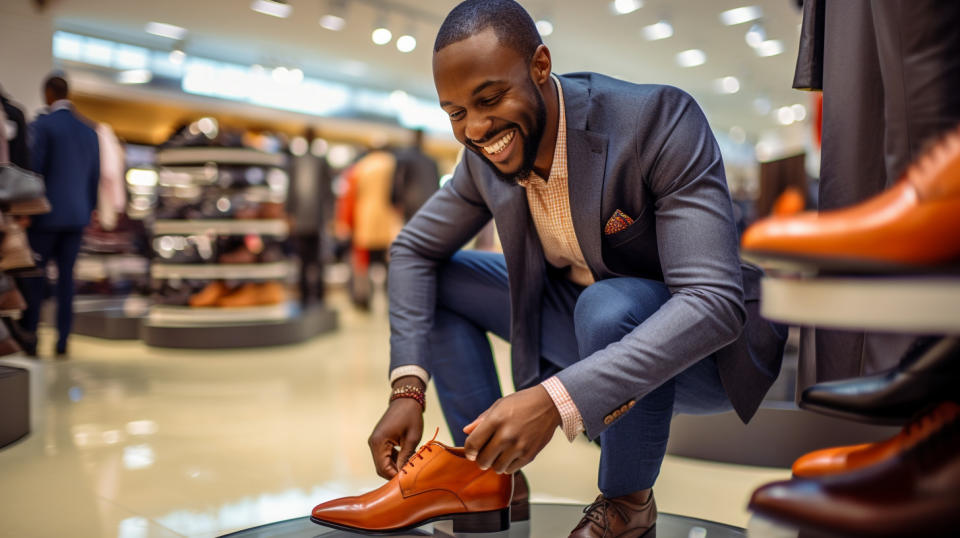 A customer trying on a new pair of shoes with a smile, thrilled with the fit and comfort.