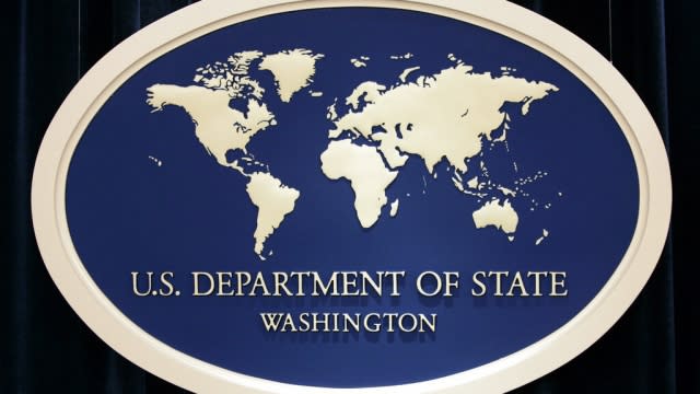 U.S. Department of State backdrop used for press briefings.