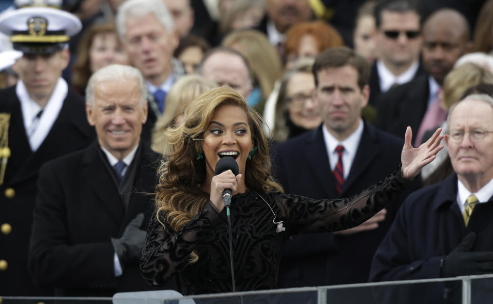 Beyonce sings the national anthem at the ceremonial swearing-in at the U.S. Capitol during the 57th Presidential Inauguration in Washington, Monday, Jan. 21, 2013. (AP Photo/Pablo Martinez Monsivais)