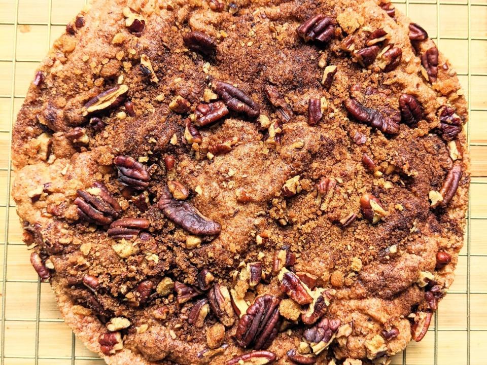 coffee cake with brown sugar and pecans cooling on a wire rack