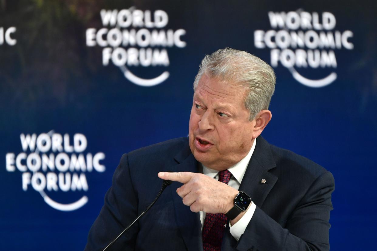 Former US Vice-President Al Gore, speaks at the Securing a Sustainable Future for the Amazon, during the World Economic Forum in Davos, Switzerland, on January 22, 2020. (Photo by Fabrice COFFRINI / AFP) (Photo by FABRICE COFFRINI/AFP via Getty Images)