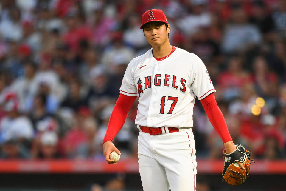 大谷翔平二刀流上陣，並留下5局、94球、失5分、4責失、奪7K成績，賽後吞下本第5敗（7-5）。(Photo by Brian Rothmuller/Icon Sportswire via Getty Images)