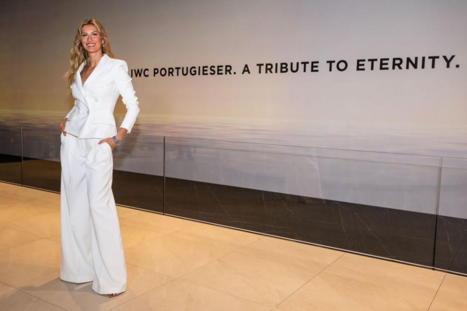 Gisele Bündchen joins IWC Schaffhausen at Watches and Wonders on April 9 in Geneva, Switzerland, celebrity style, suiting